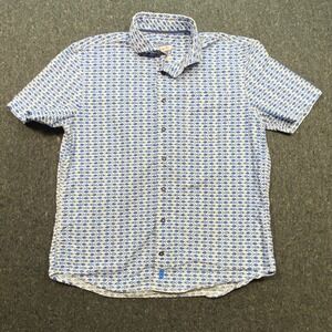 Johnnie-O Coastal Men Medium Blue Fish Print Hangin Out Short Sleeve Button Down